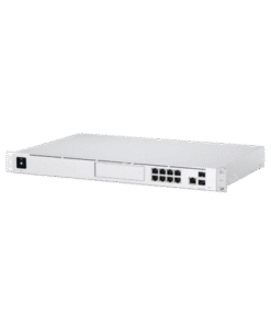 UniFi Dream Machine Pro, con un puerto 10G SFP+ WAN / 1 GbE WAN / 8 puertos 10/100/1000 Mbps RJ-45 LAN, y una bahía de HDD 3.5", integra todos los controladores UniFi